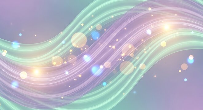 An abstract background of flowing pastel waves in mint green and lavender with sparkling bokeh lights. - Powered by Adobe