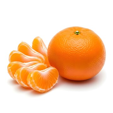 Laranja inteira e gomos de tangerina descascados isolados no branco. Frutas c&iacute;tricas ricas em vitamina C, perfeitas para sa&uacute;de e vitalidade.