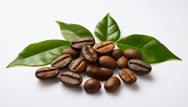 unique kopi luwak coffee beans from indonesia presented with leaves on a clean white background