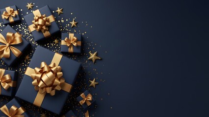 Luxury blue and gold gift boxes with confetti stars on dark background, Top view.