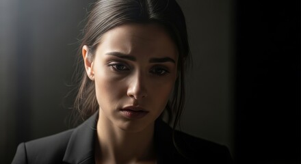 Fototapeta premium Deep Concentration. Focused woman executive looking down sadly.