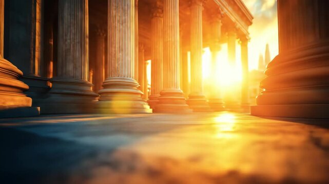 Majestic pillars bathed in golden sunset light against a dramatic sky