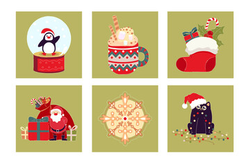 festive holiday characters, cheerful winter scene with gifts, playful seasonal figures