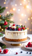A holiday cheesecake adorned with berries sits on a cake stand, lights softly blurred