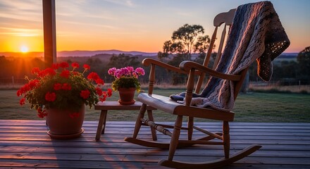 Serene Sunset View from a Cozy Porch with Rocking Chair.
