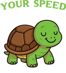 A calm cartoon turtle with closed eyes and a peaceful smile, , representing slow speed and relaxation