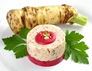 A horseradish root sits with a pink-layered dish with parsley on a white plate