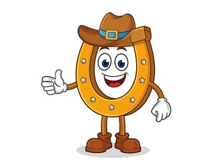 A horseshoe character with a cowboy hat giving a thumbs up on a white background