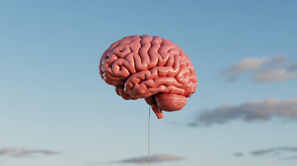 A realistic human brain floating in the sky with clouds and blue sky