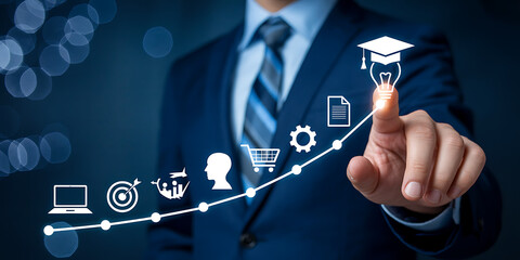 Businessman touching a glowing graph of success with icons representing growth