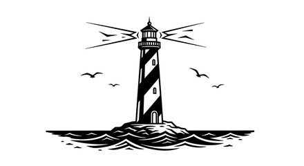 Lighthouse Beacon on Rocky Coastline - Nautical Navigation and Maritime Safety.