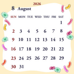 2026年8月のカレンダー　日曜日始まり