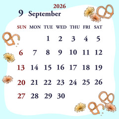 2026年9月のカレンダー　日曜日始まり