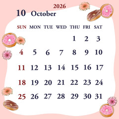 2026年10月のカレンダー　日曜日始まり