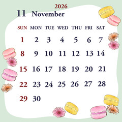 2026年11月のカレンダー　日曜日始まり