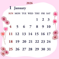 2026年1月のカレンダー　日曜日始まり