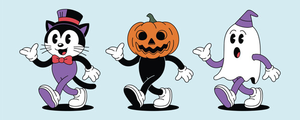 Cartoon Halloween Characters Walking Together pumpkin