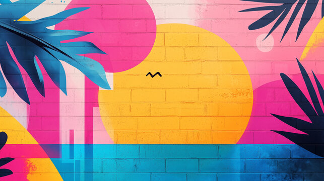 Vibrant 80s Miami graffiti background with palm trees and abstract geometric design
