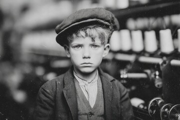 Young boy posing for a portrait in a textile factory during the early 1900s in a bustling industrial city