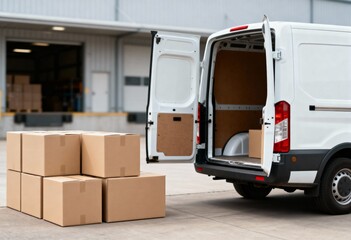 White delivery van with open rear doors parked near stacked brown cardboard boxes outside a warehouse dock.