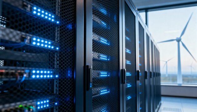 Blue lit server racks in a modern data center, showcasing connectivity and green energy via outdoor wind turbines.