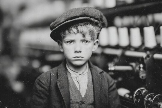 Young boy posing for a portrait in a textile factory during the early 1900s in a bustling industrial city