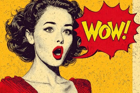 Woman expresses surprise and excitement with a bold 'Wow!' in a colorful pop art style scene