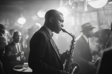 Jazz musician plays saxophone in a lively club during the vibrant 1950s nightlife scene