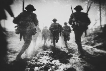 Soldiers advancing through muddy terrain during World War I in black and white photo capturing the intensity of battle