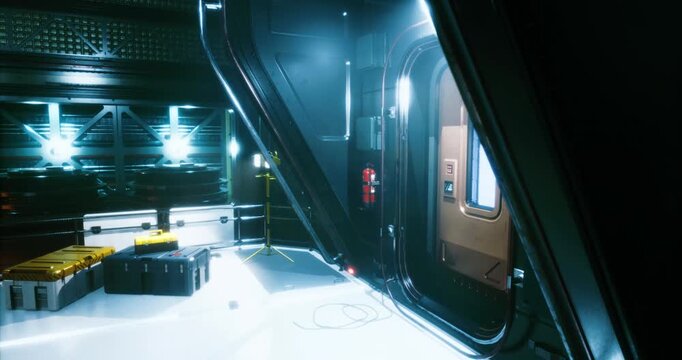 A bright and sleek interior of a futuristic spaceship features metallic walls and glowing lights. Boxes and equipment are neatly arranged, hinting at advanced technology and exploration.