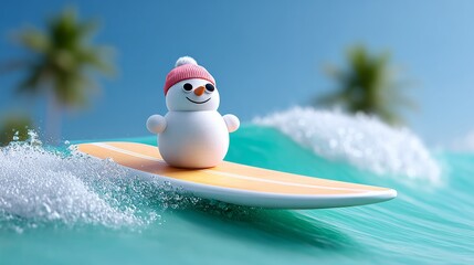 Playful snowman character wearing a pink hat, riding a surfboard on vibrant ocean waves, surrounded by tropical palm trees, capturing the essence of fun and summer adventure in a whimsical scene