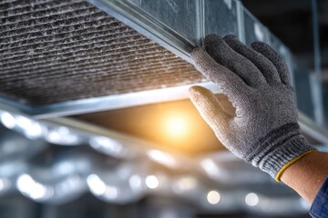 Worker inspects and maintains air conditioning system in commercial building during business hours