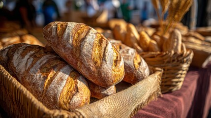 Handmade bread loaves at farmers market, organic abundance and rustic harvest elegance in warm detail.