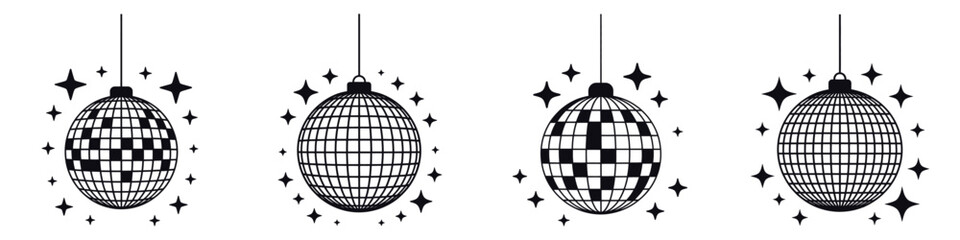 Disco Ball Vector Set – Shiny Mirror Ball Icons for New Year Party, Dance Celebration, Festive Night Event, Minimalist Black Silhouette Sparkling Decoration Design for Holiday and Celebration Art