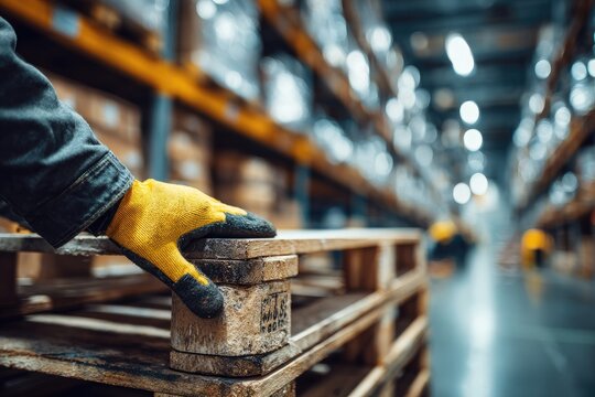 Worker in gloves handling wooden pallet in busy warehouse during daytime