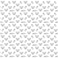Minimal Cat Pattern with Line Art Cats, Mice, and Toys on White Background