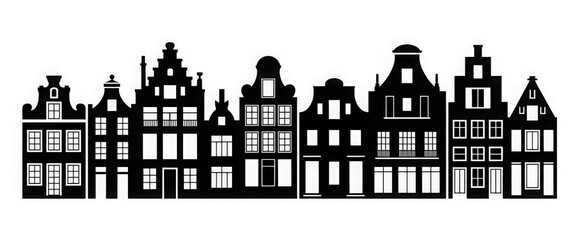 Silhouette of traditional Amsterdam houses black and white vector illustration perfect for travel and architecture designs