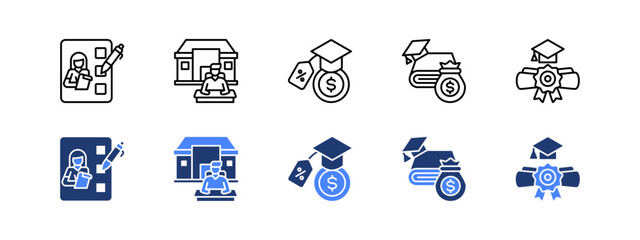 Teacher, School, Student loan, Education funding, Scholarship with two styles, line and duotone icon.