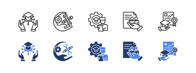 Education technology, Vocational, Apprenticeship, Community involvement, Graduation with two styles, line and duotone icon.