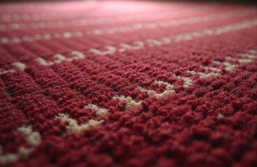 Fototapeta premium Close up photo shows textured burgundy carpet. Soft woven textile with white pattern has luxury design. Plush rug is used as decor element in home interior.
