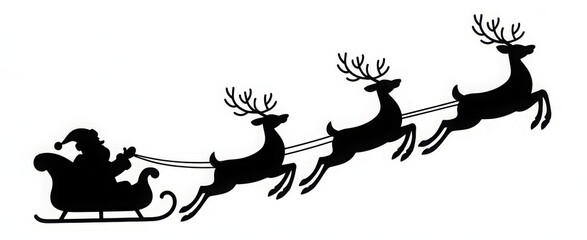 Santa Claus silhouette riding in a sleigh pulled by reindeer vector illustration for Christmas and holiday designs isolated on white
