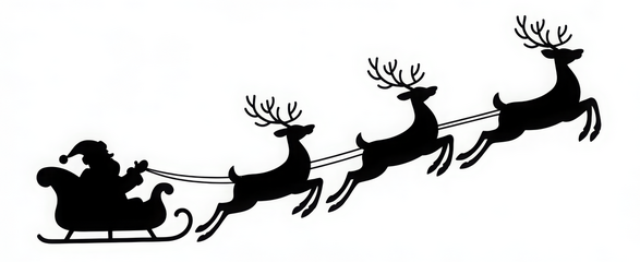 Santa Claus silhouette riding in a sleigh pulled by reindeer vector illustration for Christmas and holiday designs isolated on white