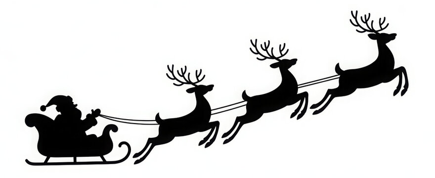 Santa Claus silhouette riding in a sleigh pulled by reindeer vector illustration for Christmas and holiday designs isolated on white - Powered by Adobe