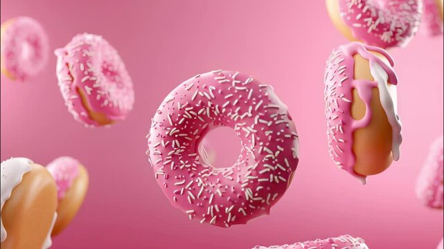Pink and white frosted donuts with colorful sprinkles floating against pastel background, presenting delectable sugary indulgence video 4k