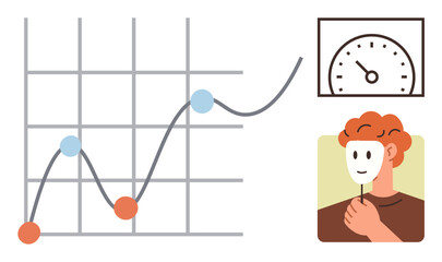 Line graph with trends, performance gauge, and person holding a mask. Ideal for self-analysis, growth, productivity, identity, performance decision-making and data-driven insights. A simple flat