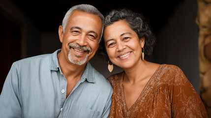 Happy and smiling older Hispanic couple, casually dressed and embracing in home