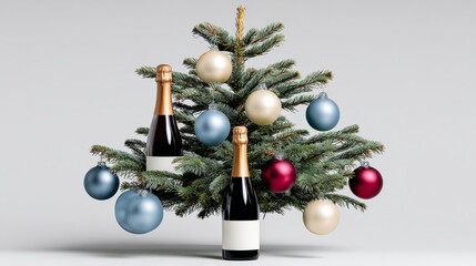 Festive Christmas tree adorned with colorful ornaments and two bottles of sparkling wine, creating a joyful holiday atmosphere perfect for celebrations and seasonal gatherings
