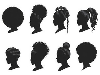 Set of diverse Black woman hairstyles silhouettes vector illustration of different hair textures and styles isolated on white background