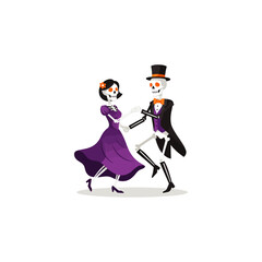 Halloween skeleton couple dancing icon flat vector design.