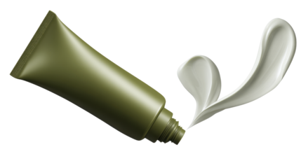 Olive green tube of face cream with open lid and white cream spilling out, on isolated background, product photo.
